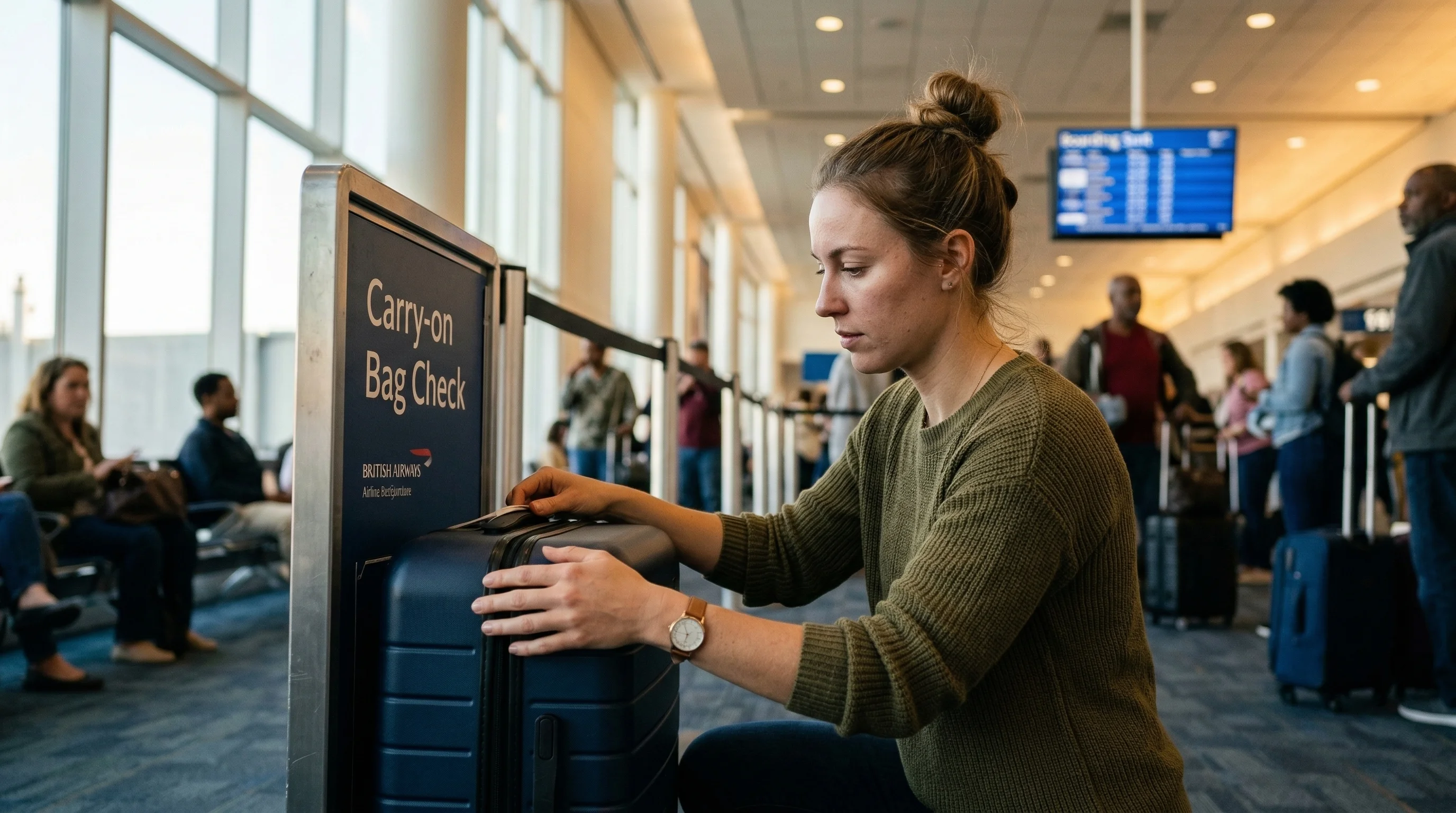 Traveler measuring carry-on bag against the airline size checker at the gate