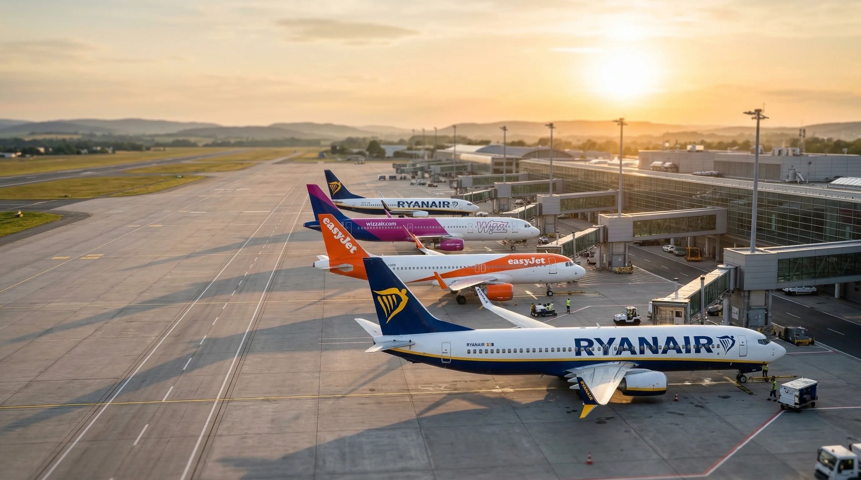 Row of colorful budget airline aircraft at a European airport at golden hour
