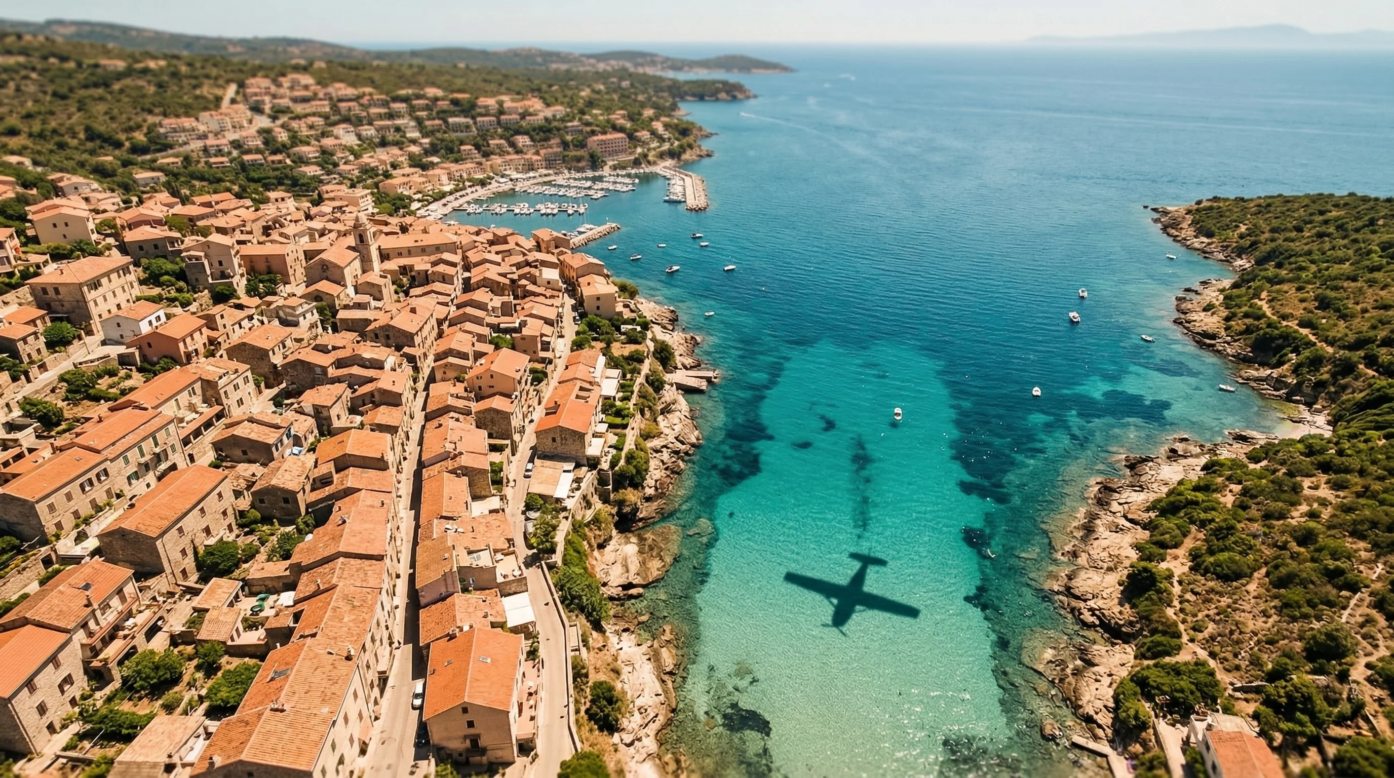 Aerial view of a Mediterranean coastal town with terracotta rooftops and turquoise sea