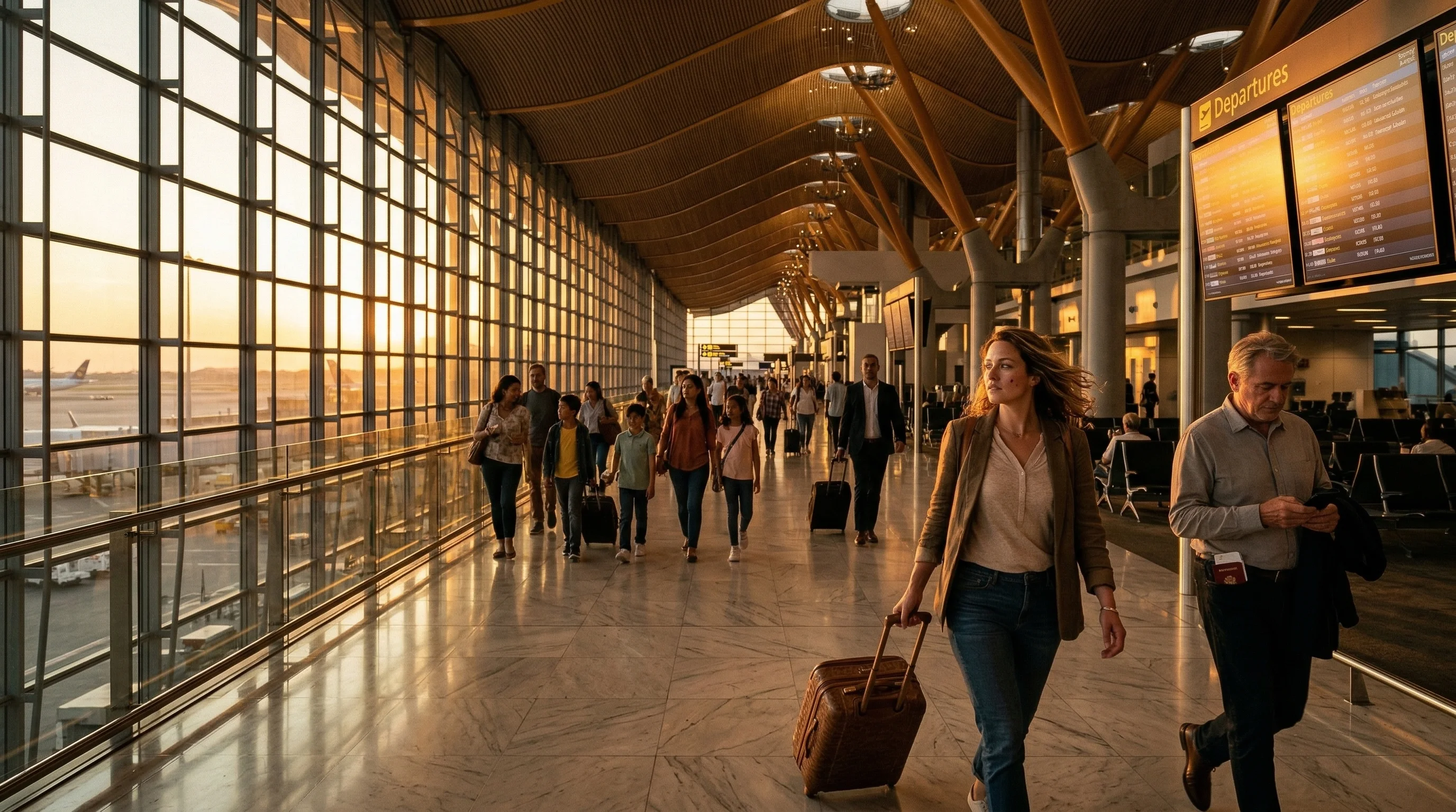 Modern airport terminal with sunset light streaming through floor-to-ceiling windows