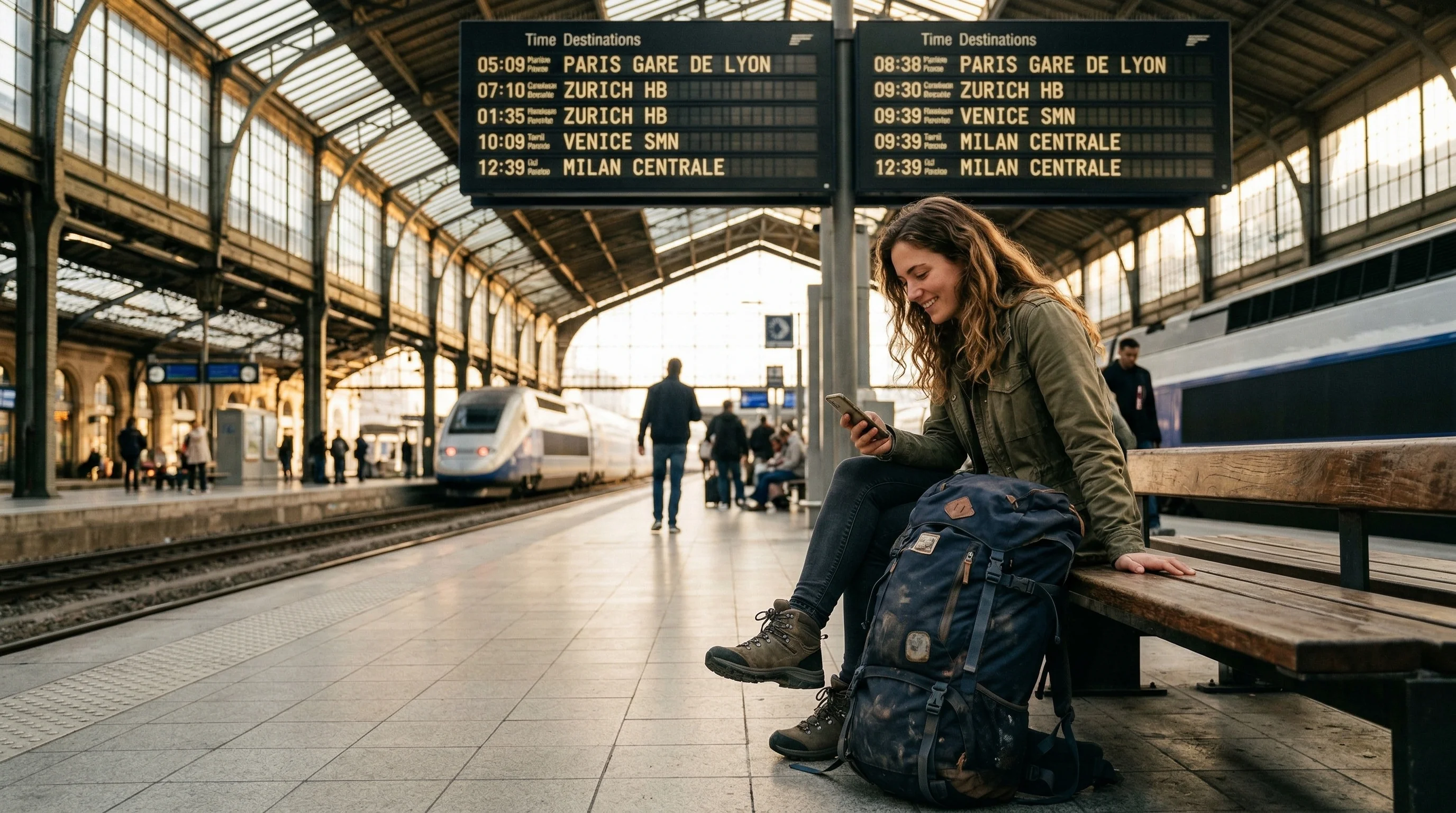 Backpacker on a European train platform checking phone with a satisfied smile