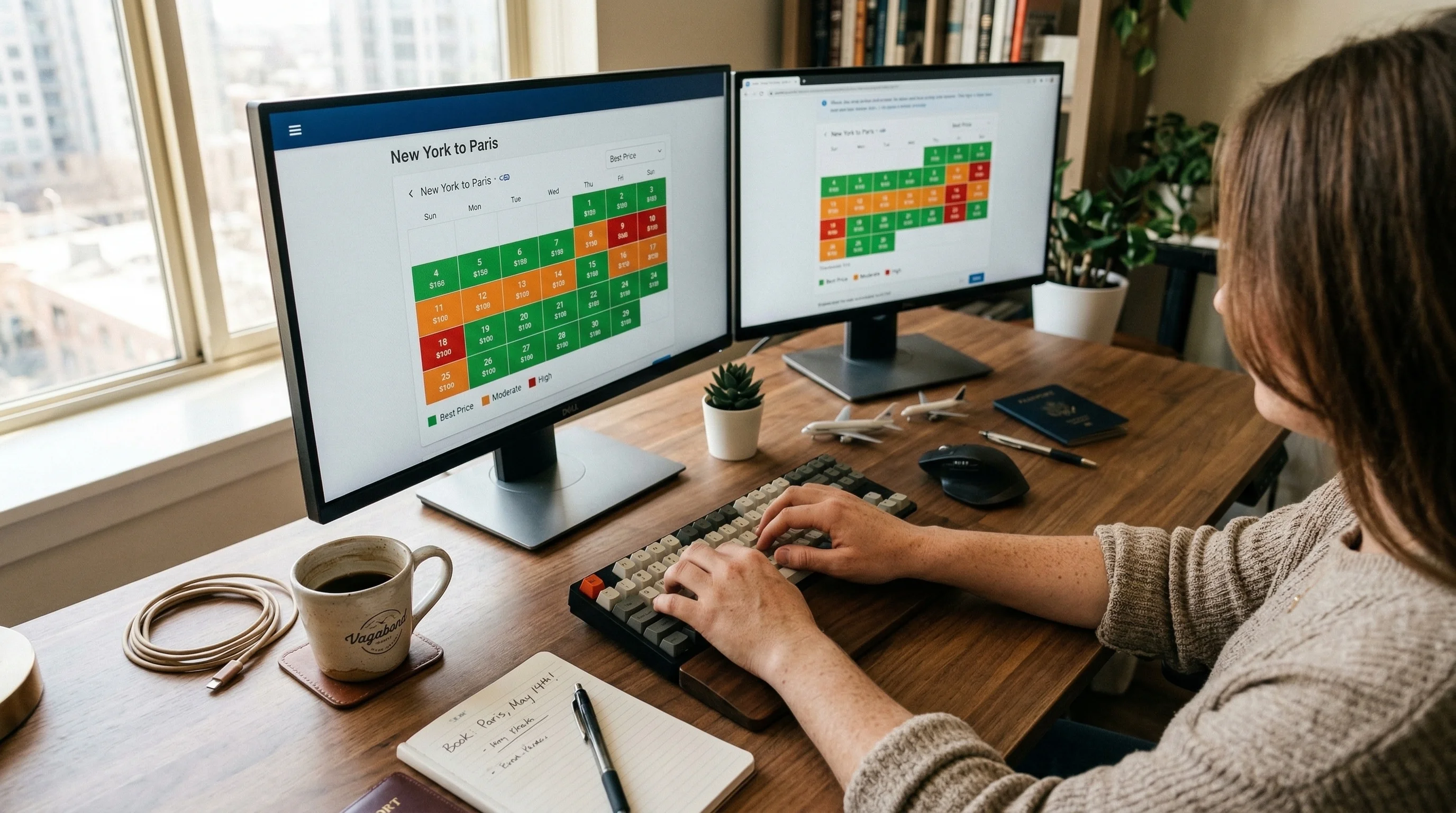 Person at desk with monitors showing color-coded flight search calendar