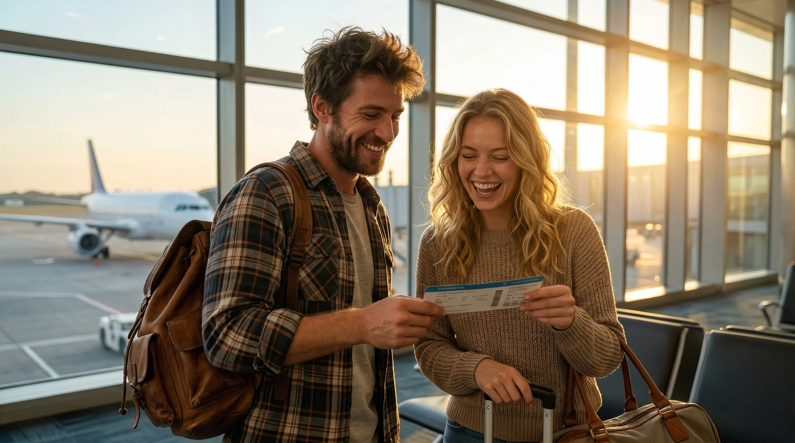 Excited couple at the airport gate with boarding passes after booking an error fare