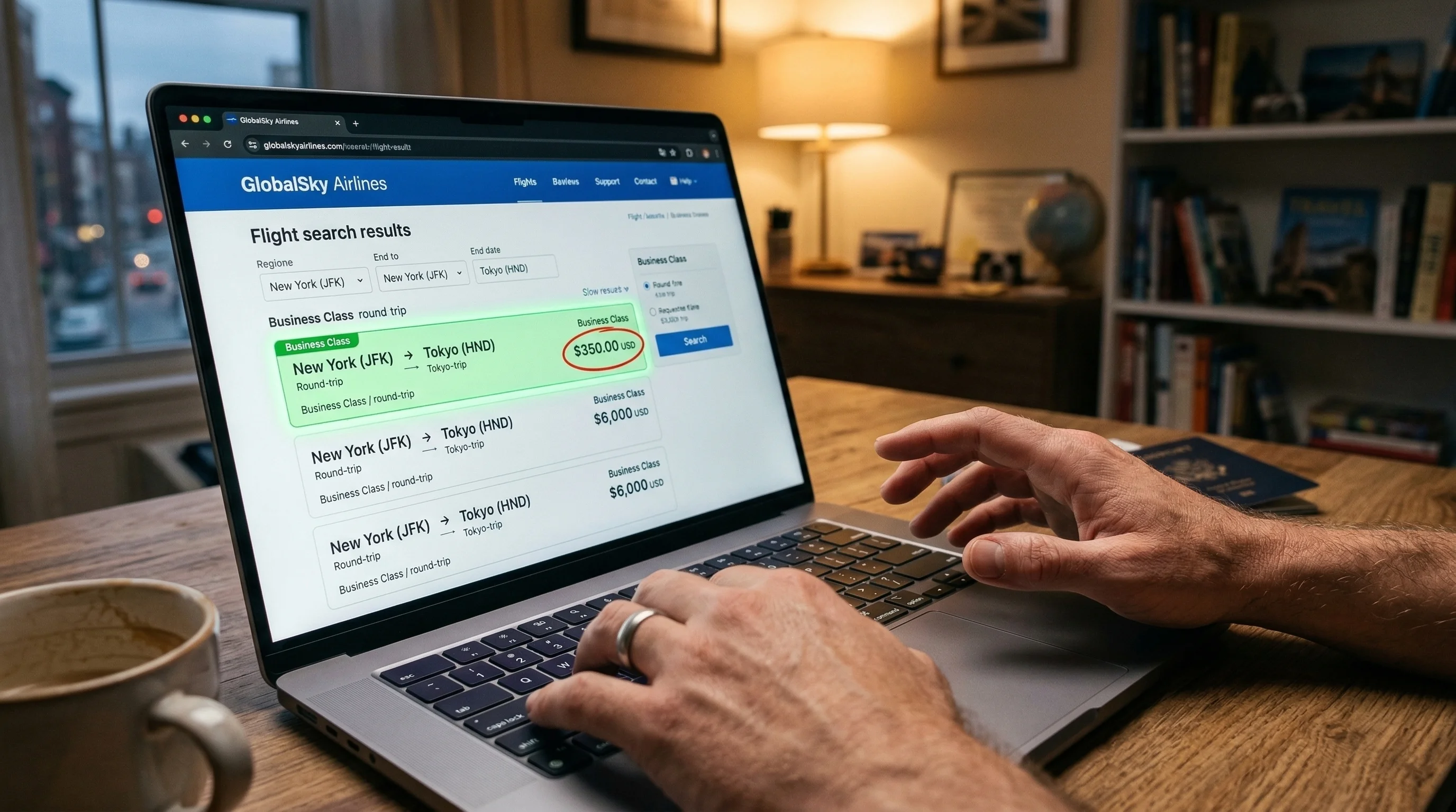 A traveler discovers an impossibly low business class fare on their laptop